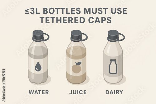 Vector image of beverage bottles for water, juice and dairy, each featuring compliant tethered caps for packaging regulation.