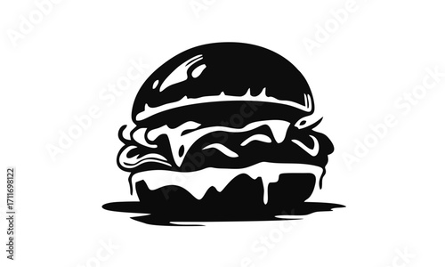 Stylized black and white illustration of a classic hamburger with melted cheese and various toppings.