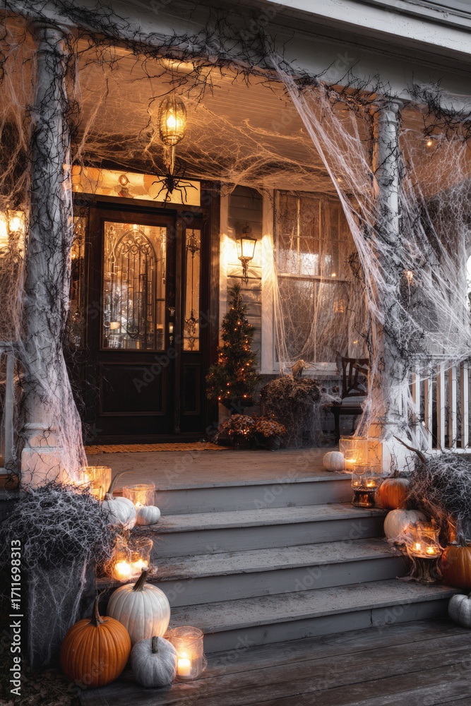Fototapeta premium Spooky Halloween front porch decorated with pumpkins, candles, spider webs, and eerie lighting, creating a haunted, festive atmosphere perfect for autumn night celebrations.