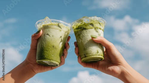 Two hands holding iced matcha green tea drinks against a clear blue sky, celebrating a refreshing summer moment.