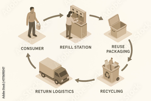 Vector cycle diagram illustrating packaging reuse and recycling process from consumer to return logistics and material recovery system.