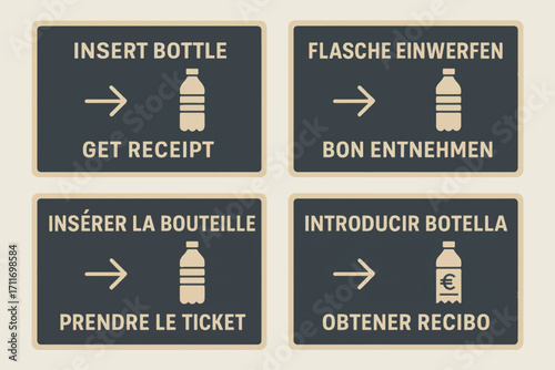 Vector signage in multiple languages instructing bottle return for receipt, featuring clear symbols and scalable minimalist layout.