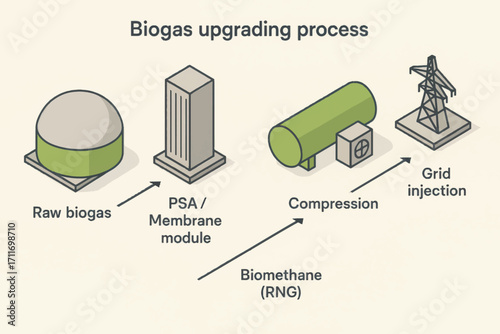Vector illustration of biogas upgrading process showing conversion to biomethane and injection into grid with clear technical layout.