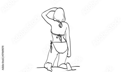 A woman in a bikini kneels, shielding her eyes with her hand, looking away.