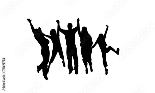 Silhouette of five people jumping in the air with arms raised, celebrating.