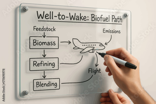 Vector whiteboard-style diagram showing biofuel pathway from biomass to flight and emissions in clean aviation process flow.