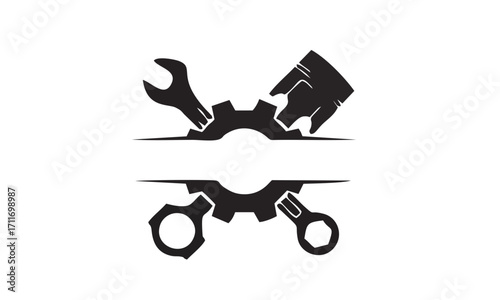 Black and white mechanic logo featuring a wrench, piston, gear, and connecting rod, perfect for automotive businesses.