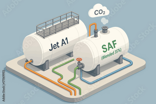 Vector illustration of blended SAF and Jet A1 fuel tanks, highlighting sustainable aviation fuel mixing and carbon reduction system.