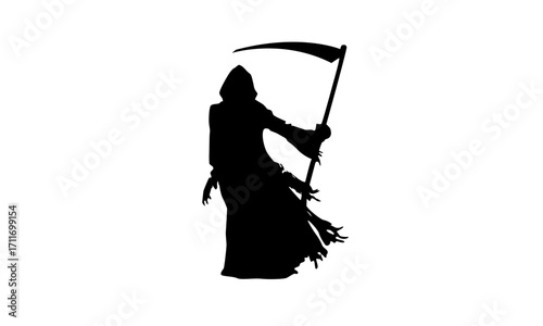 Eerie silhouette of a hooded figure wielding a scythe, symbolizing mortality and the unknown, isolated as a powerful graphic representation of the ultimate end