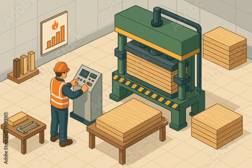 Vector illustration of wood panel pressing in factory setting, showing production process with operator and industrial press system.