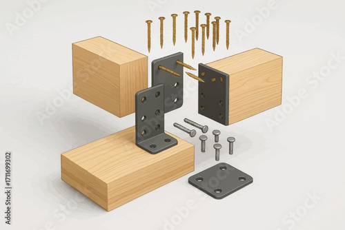 Vector technical illustration of timber joint assembly with screws and bolts, showing component layout in scalable 3D exploded view.