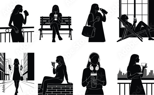 Beverage lifestyle silhouette set, black, casual drinking poses, urban and relaxed scenes, vector, isolated, daily activity bundle
