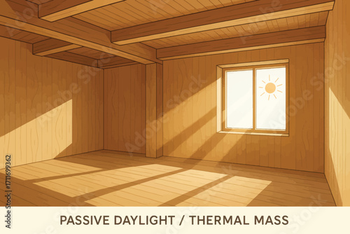 Wooden interior vector illustration showing natural sunlight entering through window, highlighting passive daylight strategy in architectural design.