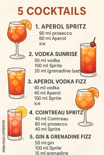 Vector cocktail infographic with five recipes including Aperol Spritz, Vodka Sunrise and Gin Fizz using vibrant glasses and minimal design.