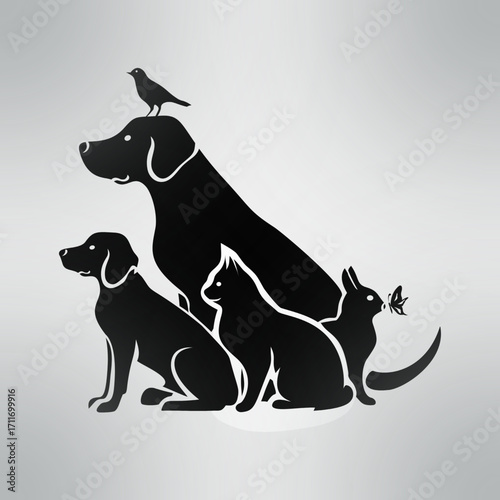 The silhouette artwork uses simple black and white to depict a variety of animals living together in harmony: a large dog, a small dog, a cat, a bird, a rabbit looking at a butterfly.
