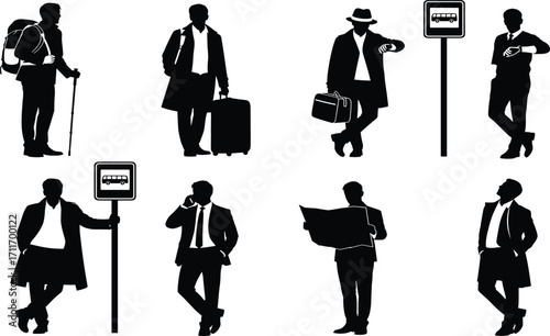 Bus stop commuter silhouette set, black, traveler and business poses, suitcase, backpack, vector, isolated, public transport bundle