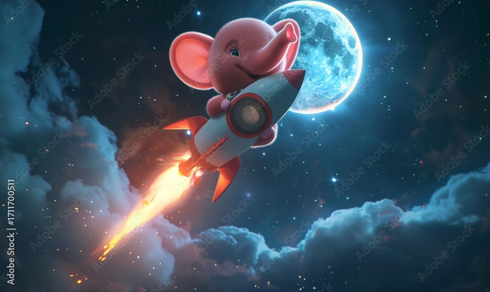 Naklejka premium a large fluffy pink elephant cartoon in space, flying a rocket with the moon in the background – in 3D 