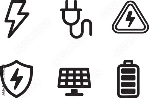 Minimal electricity and energy icon set with black outline and editable shapes