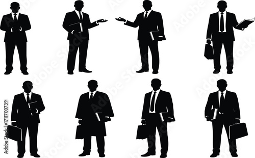 Business professional silhouette set, black, confident poses with briefcases, folders, documents, suits, vector, isolated corporate bundle