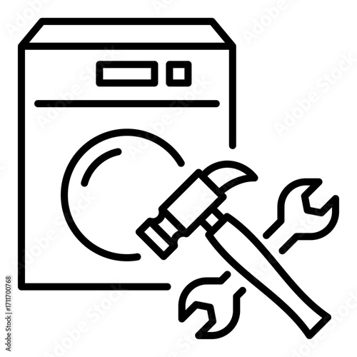Washing machine with tools icon. Represents appliance repair, maintenance, and fixing home equipment.