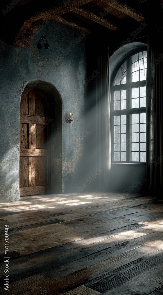 Fototapeta premium Dark room, sunlight, arched doorway