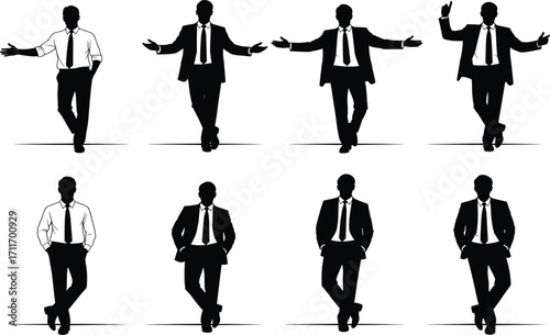 Businessman silhouette set, black, confident and expressive arm gestures in suit, vector, isolated, body language and posture bundle
