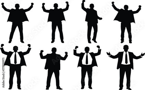 Businessman silhouette set, black, confident and celebratory poses, suit attire, vector, isolated, leadership bundle, gesture icons