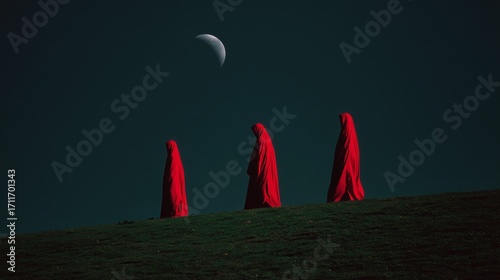 Three hooded figures in vivid red robes stand on a hill at night, illuminated by a crescent moon.