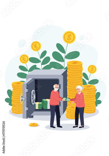 Senior couple securing their financial future with a safe and abundant savings.