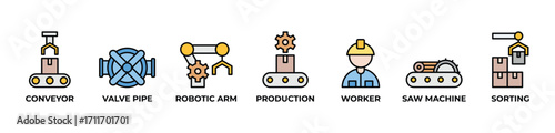Smart Conveyor Production System cons set vector illustration color with Conveyor, Valve pipe, Robotic arm, Production, Worker, Saw machine, Sorting