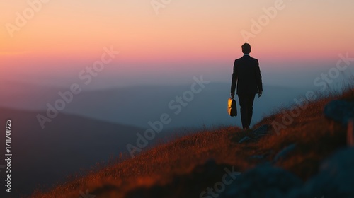 A lone businessman carrying a briefcase walks along a grassy hill, silhouetted by a vibrant sunset sky.