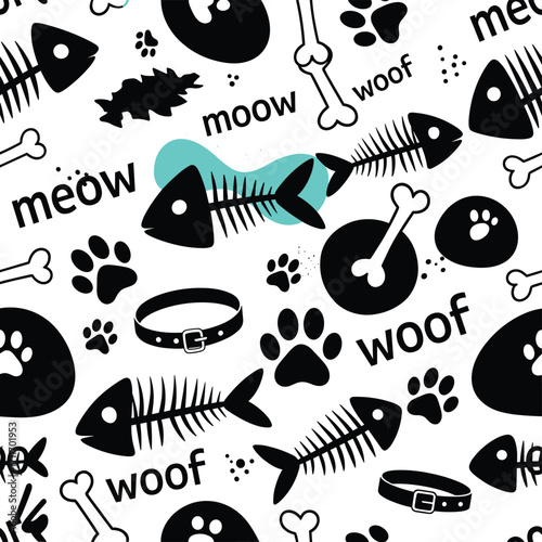 A playful pattern featuring black and white animal icons including fish skeletons paw prints and dog bones with text phrases like woof and meow.