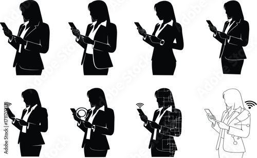 Businesswoman smartphone silhouette set, black, digital transformation progression, Wi-Fi and tech icons, vector, isolated, connectivity bundle