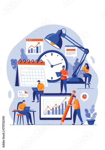 Business team working on project charts and reports with a calendar and clock nearby.