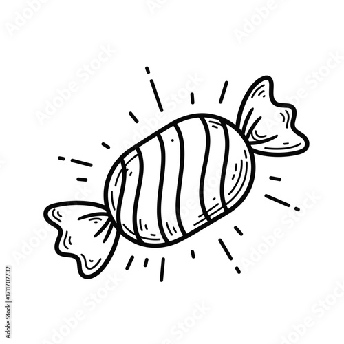 A simple striped candy with shiny rays emanating from it.
