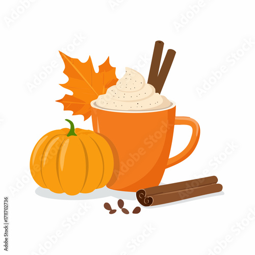 Pumpkin spice latte vector illustration with autumn leaves and cinnamon