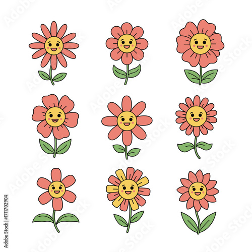 A delightful collection of nine adorable cartoon flowers with happy faces smiling brightly.
