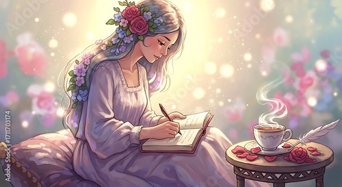 Woman writing in garden.