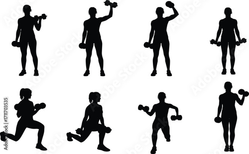 Dumbbell exercise silhouette set, black, strength training poses, fitness vector, isolated, workout bundle, gym movement icons