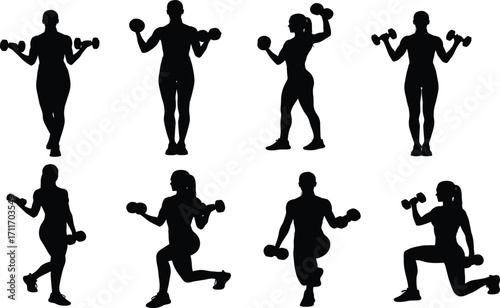 Dumbbell workout silhouette set, black, standing and lunging poses, fitness vector, isolated, strength training bundle, gym icons