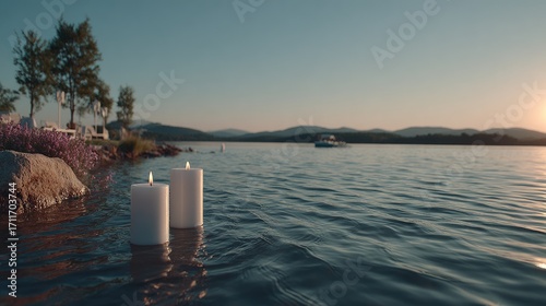 Fototapeta Naklejka Na Ścianę i Meble -  Lakeside sunset with floating candles