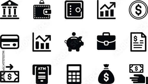 Banking icons, finance symbols, money management, wallet, credit card, piggy bank, ATM, calculator, investment, savings, economy, financial planning