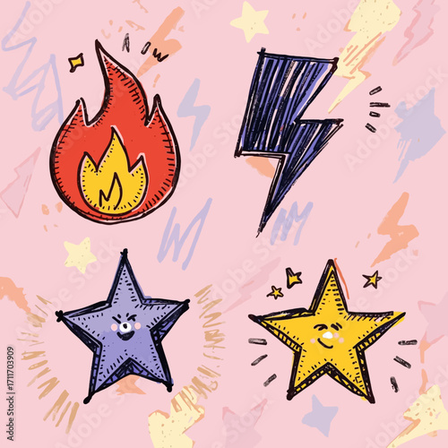 Drawings of a flame lightning star and another star. Suitable for backgrounds, logos, or illustrations needing a dynamic and energetic design.