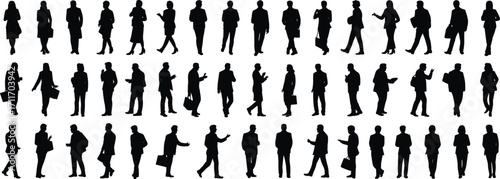 Business professional silhouettes, office workers, corporate attire, teamwork, leadership, communication, walking, standing, conversation, workplace diversity, 
