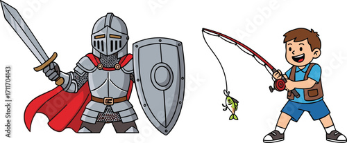 Cartoon knight in armor, boy fishing with rod, fantasy character, outdoor activity, vector illustration, medieval warrior, happy child, stock art