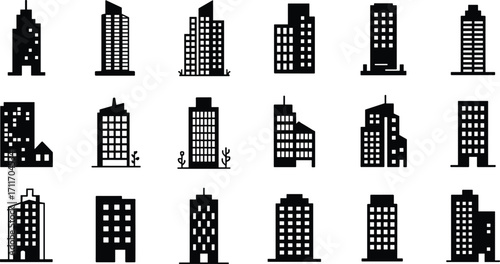 City building silhouettes, urban architecture icons, modern skyscrapers, traditional structures, skyline design, real estate, construction, cityscape, office towers, architectural diversity