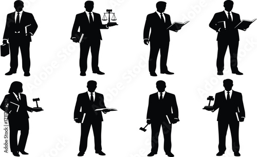 Legal professional silhouette set, black, lawyers and judges with gavels, books, scales, suits, vector, isolated justice bundle