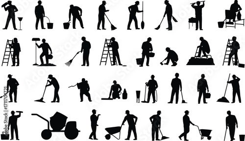 Construction worker silhouettes, labor poses, building industry, manual work, tools, teamwork, heavy equipment, safety, infrastructure, engineering, industrial job, workforce diversity