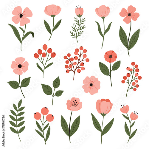 A collection of delicate pink flowers and berries arranged in a pleasing composition.