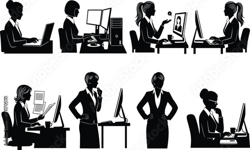 Office woman silhouette set, black, typing, reading, video call, thinking poses with desk setups, vector, isolated work bundle